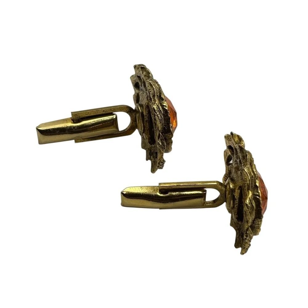 Vtg Cufflinks Harvey Avedon Orange Rhinestone Gold Tone US Pat‎ 2920363 Oval